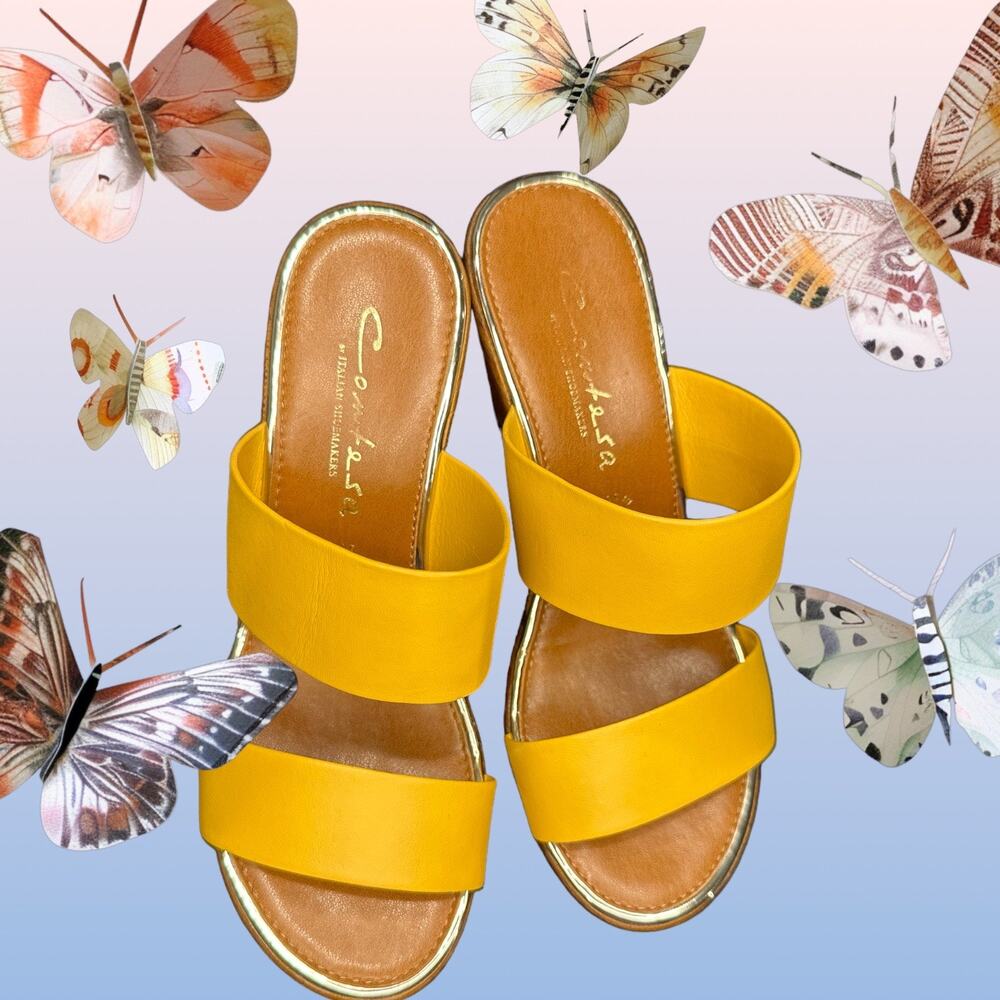 Contesa Yellow and Gold Wedge Sandals Size 5.5